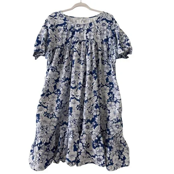 Vintage Simply Basic Blue & White Floral Cotton Midi Dress With Pockets L - Picture 2 of 13
